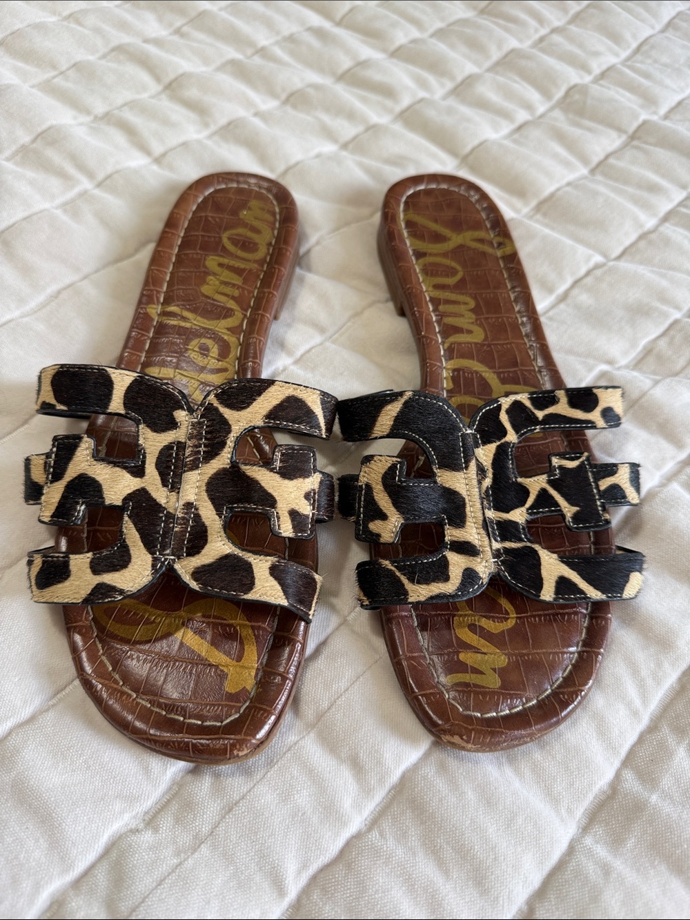 Sam Edelman Brown Leopard Print calf hair Slide Sandals